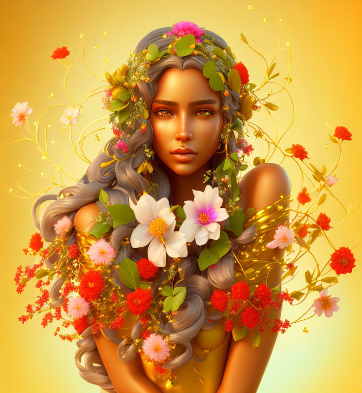 Colorful Floral Wreath Adorns Woman in Digital Illustration
