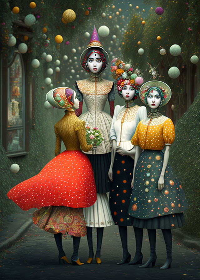Whimsical stylized female figures in surreal forest with elaborate headpieces