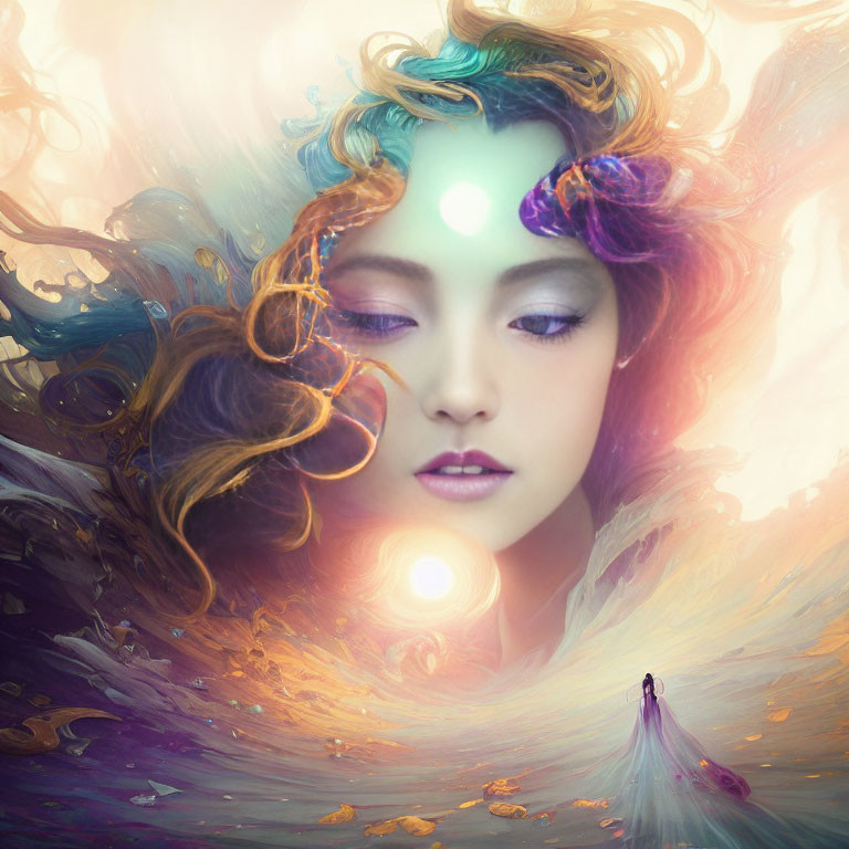 Colorful flowing hair and luminescent orbs in surreal portrait.