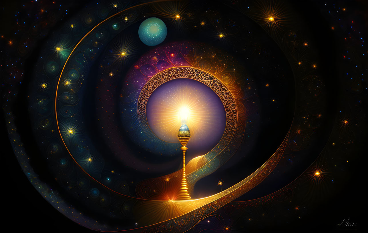 Digital Art: Glowing Candle Surrounded by Celestial Elements