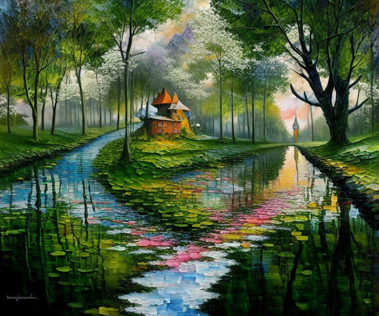 Tranquil cottage by reflective river, lush trees, water lilies, twilight sky