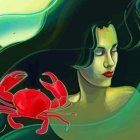 Vibrant woman with flowing hair and red lobster on colorful backdrop