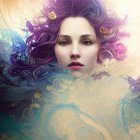 Fantasy portrait: Woman with vibrant, flowing hair and celestial & aquatic elements