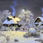 Snowy Village Scene with Cottages, Christmas Tree, Ornaments, and Snowflakes