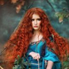 Regal woman with red hair and crown among vibrant birds in mystical forest