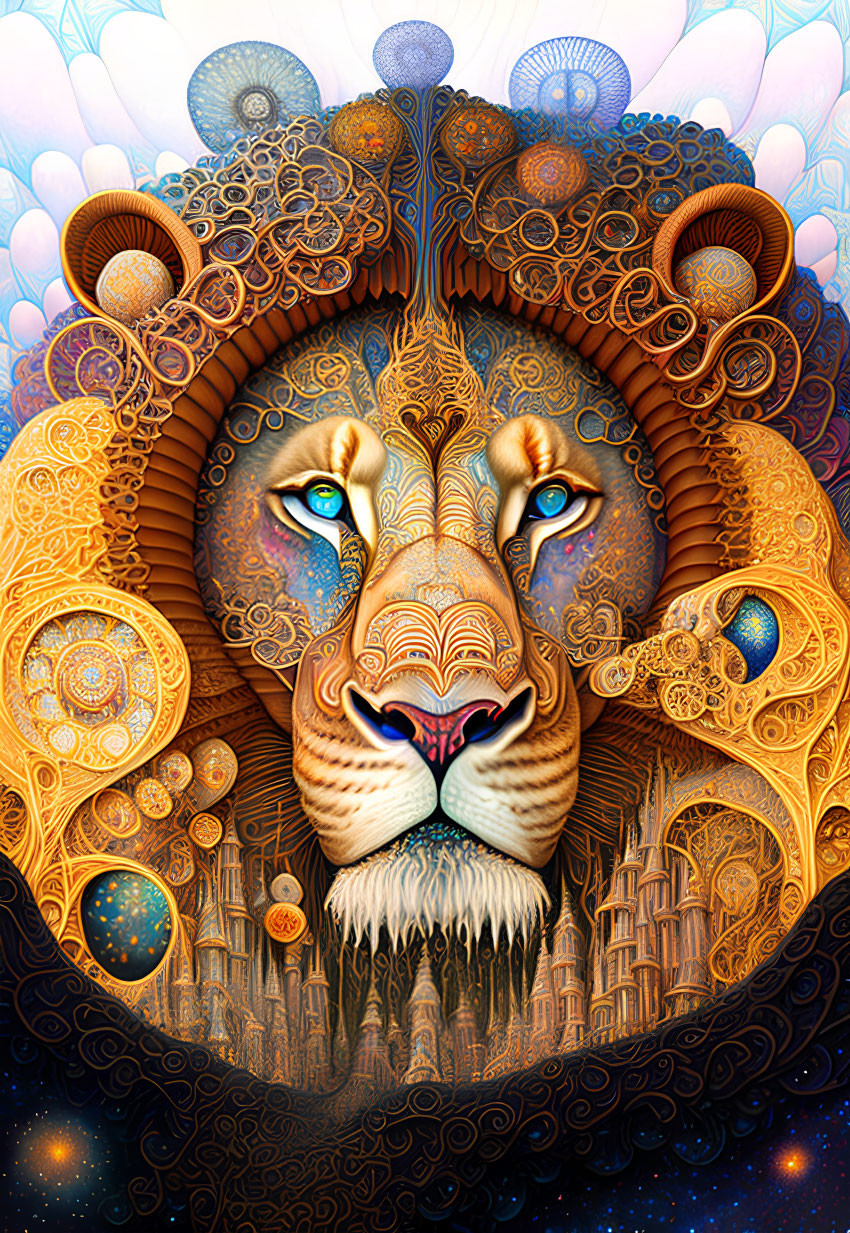 Colorful Lion Artwork with Blue Eyes and Ornate Celestial Motifs