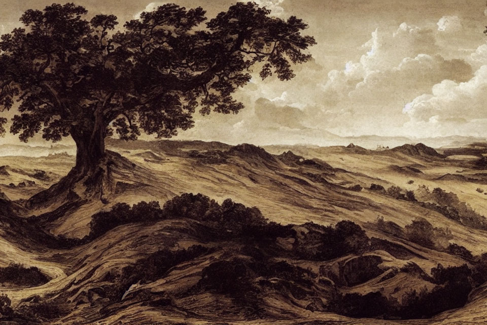 Sepia Landscape Painting: Rolling Hills, Tree, Cloudy Skies
