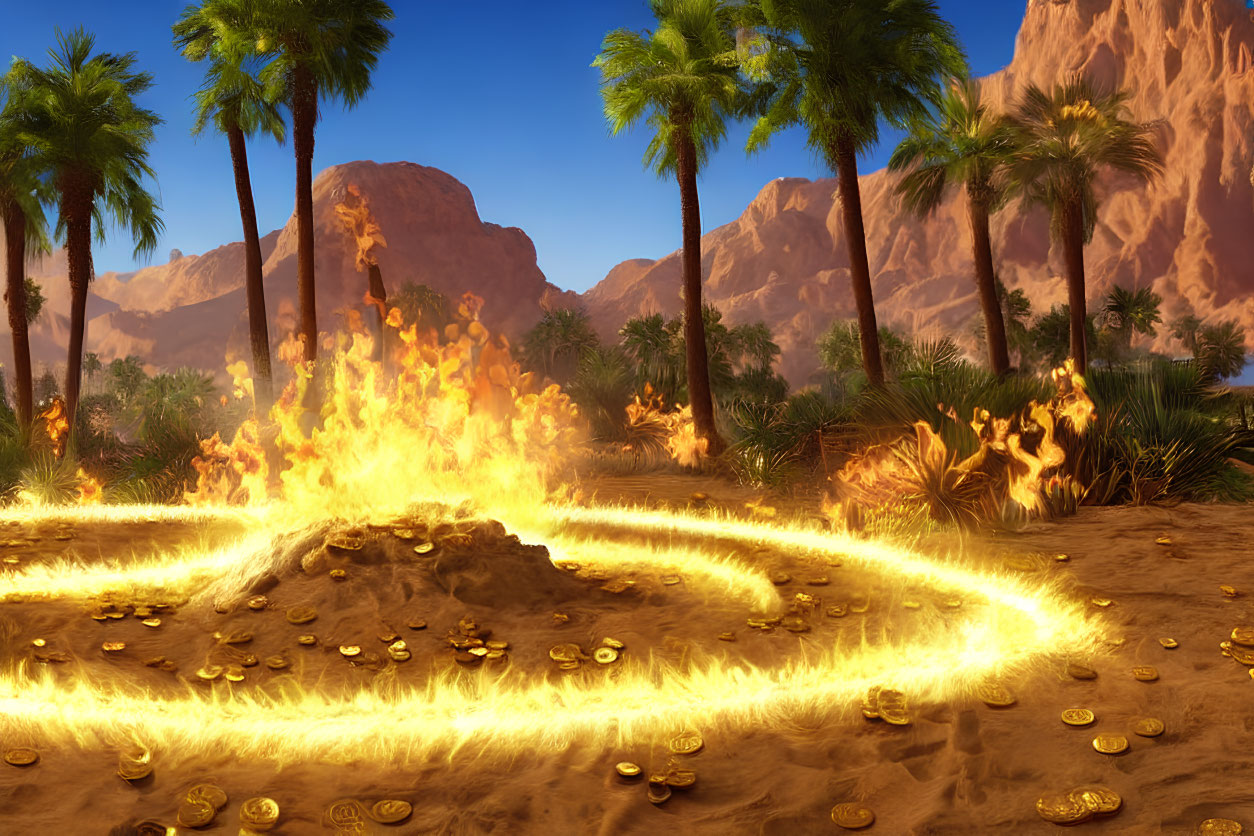 Digital art scene: Magical fire circle around gold coins in desert oasis