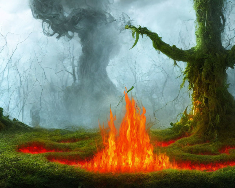 Enchanting forest scene with moss, ancient trees, fire, and fog