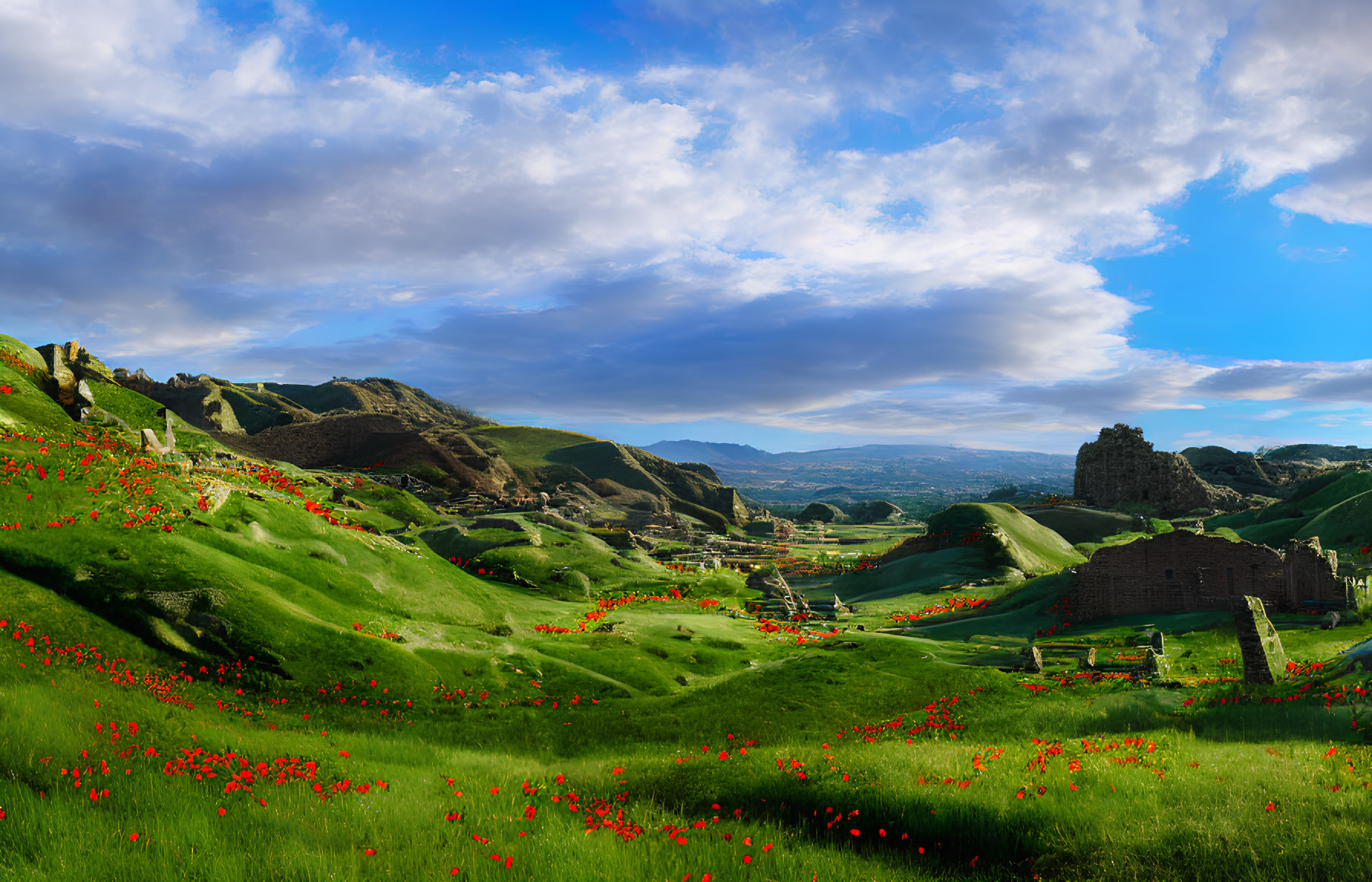 Scenic landscape: green hills, red poppies, ancient ruin, blue sky.