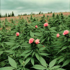 Vibrant pink roses among green cannabis plants under cloudy sky