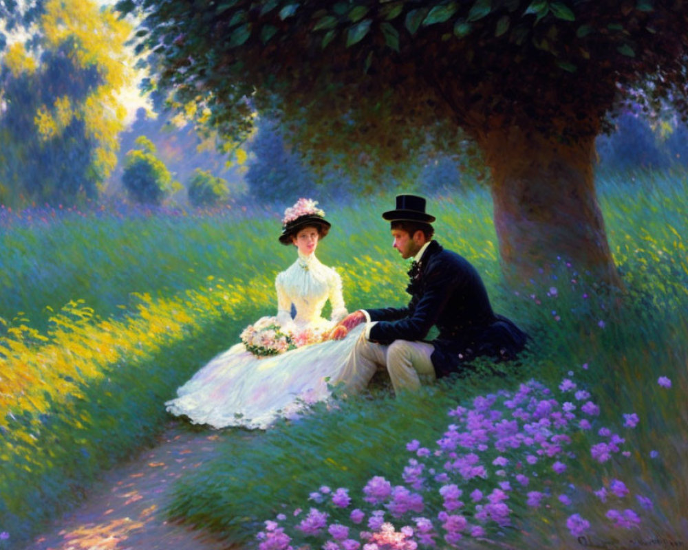 Victorian-era couple in meadow with vibrant flowers