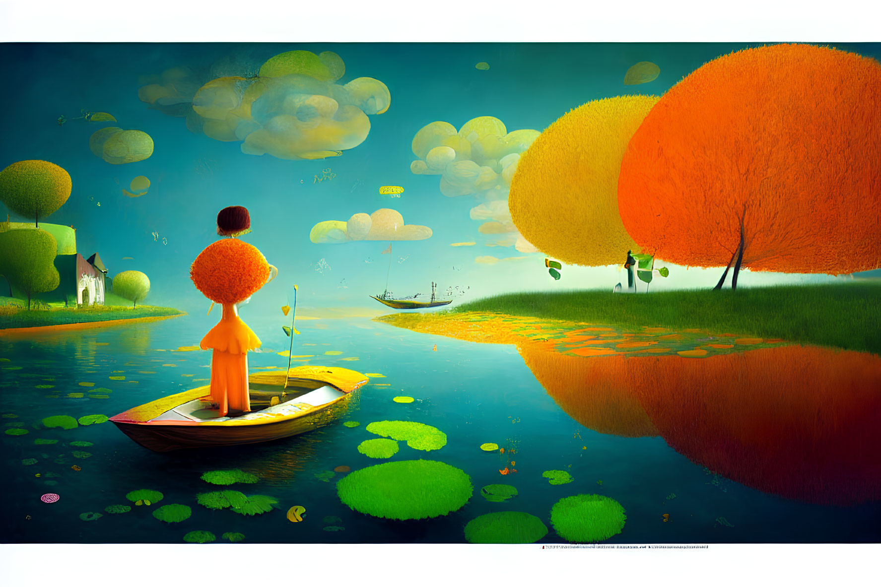 Vibrant surreal landscape with child on boat & stylized elements