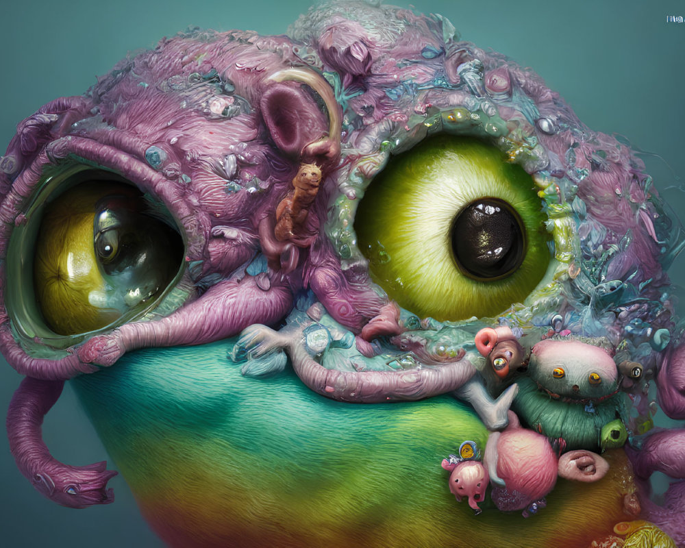 Colorful surrealistic digital artwork featuring whimsical beings on textured skin