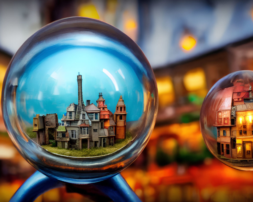 Crystal balls reflecting distorted colorful buildings and tower on stands.