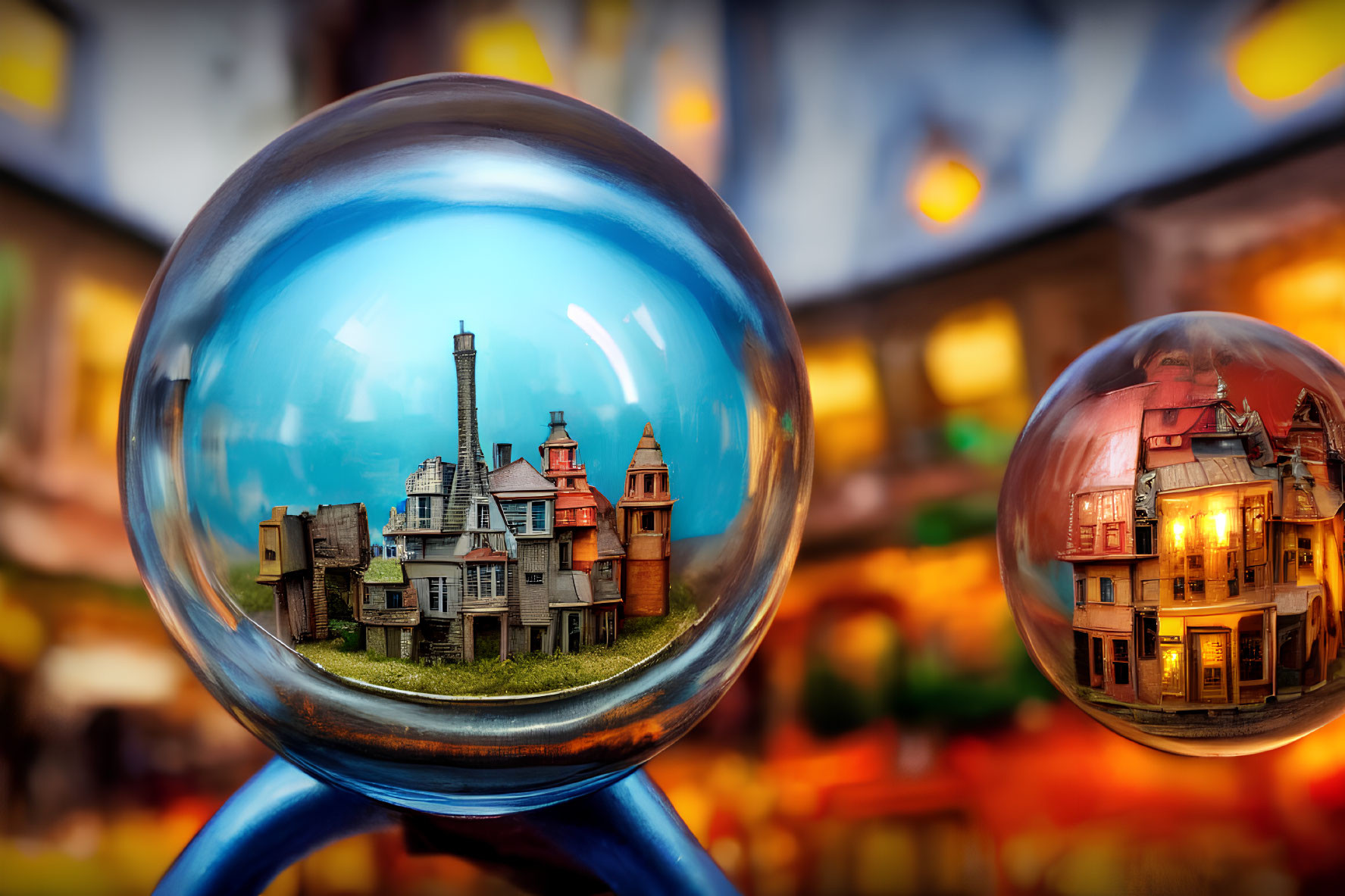Crystal balls reflecting distorted colorful buildings and tower on stands.