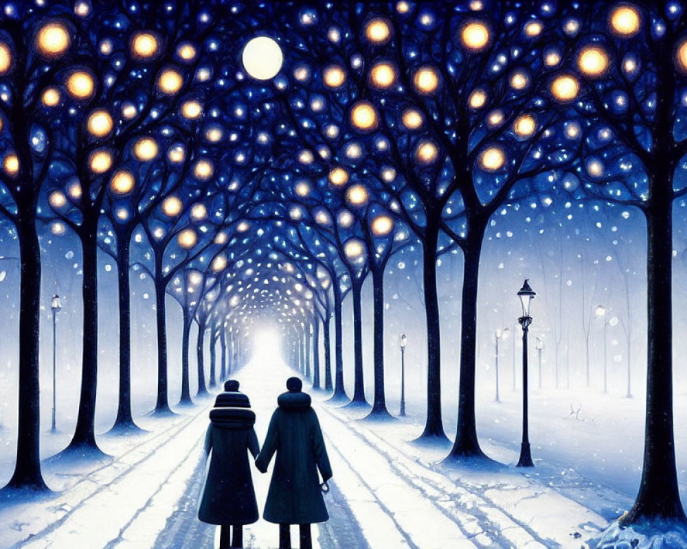 Couple walking under illuminated trees on snowy night path