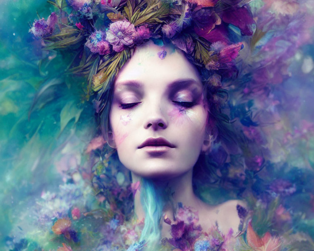 Portrait of Person with Floral Wreath in Dreamy Blue and Purple Haze