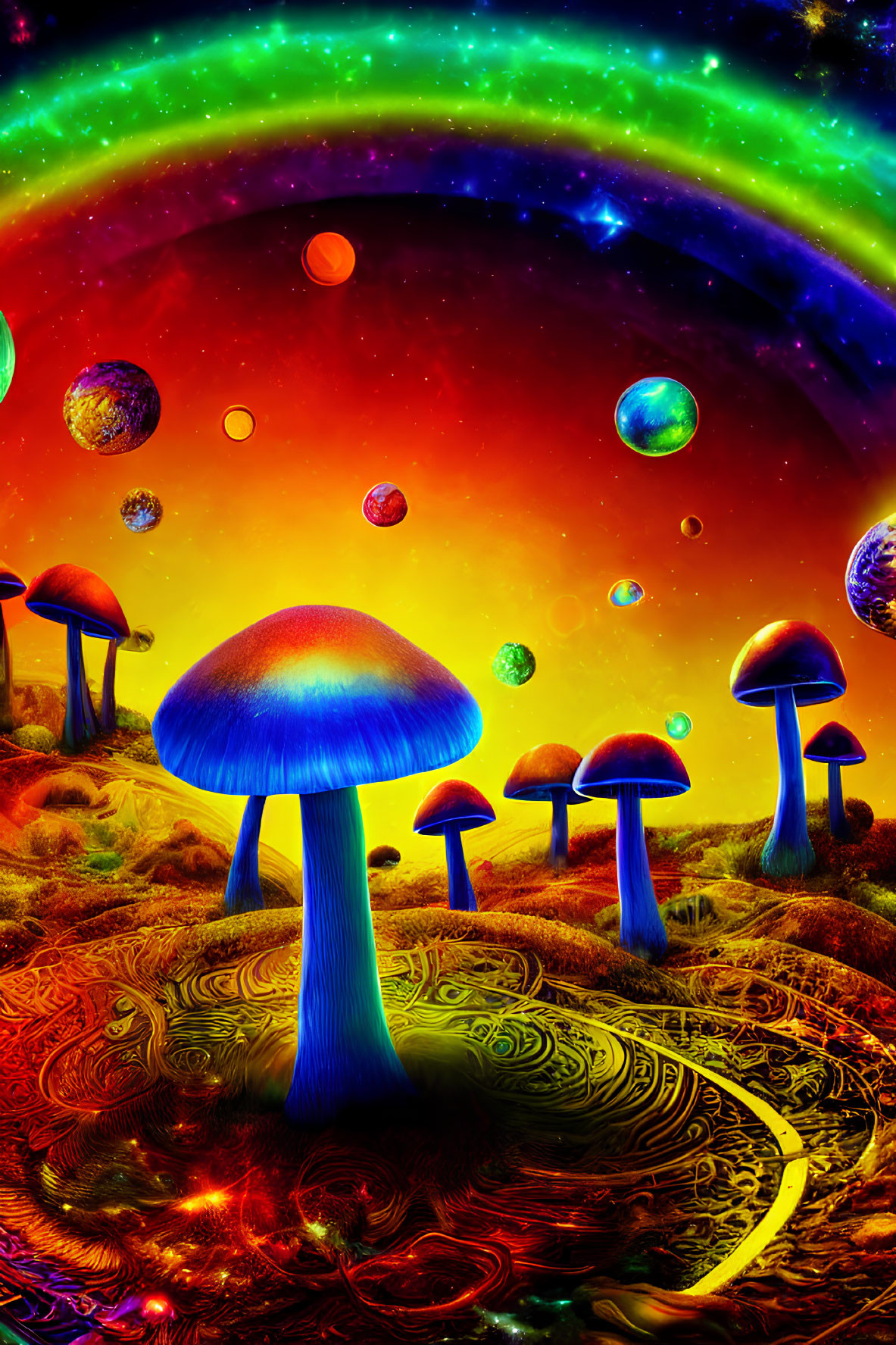 Colorful Psychedelic Mushroom Illustration with Cosmic Sky