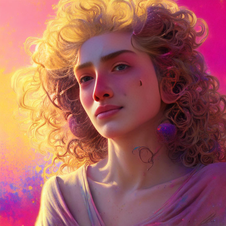 Blonde Curly-Haired Woman Portrait on Vibrant Background