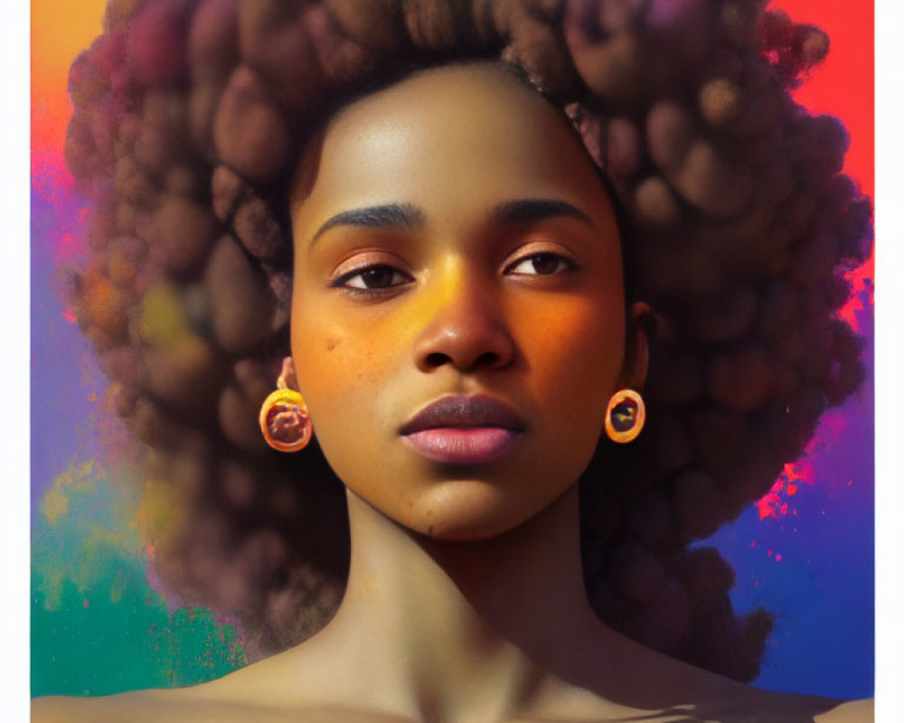 Portrait of woman with afro and circular earrings on vibrant background