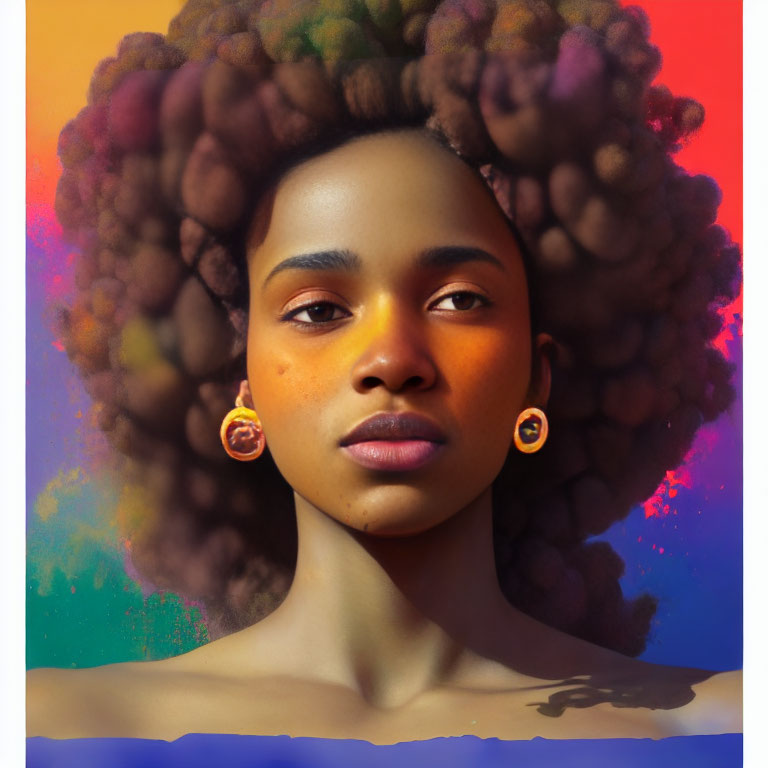 Portrait of woman with afro and circular earrings on vibrant background