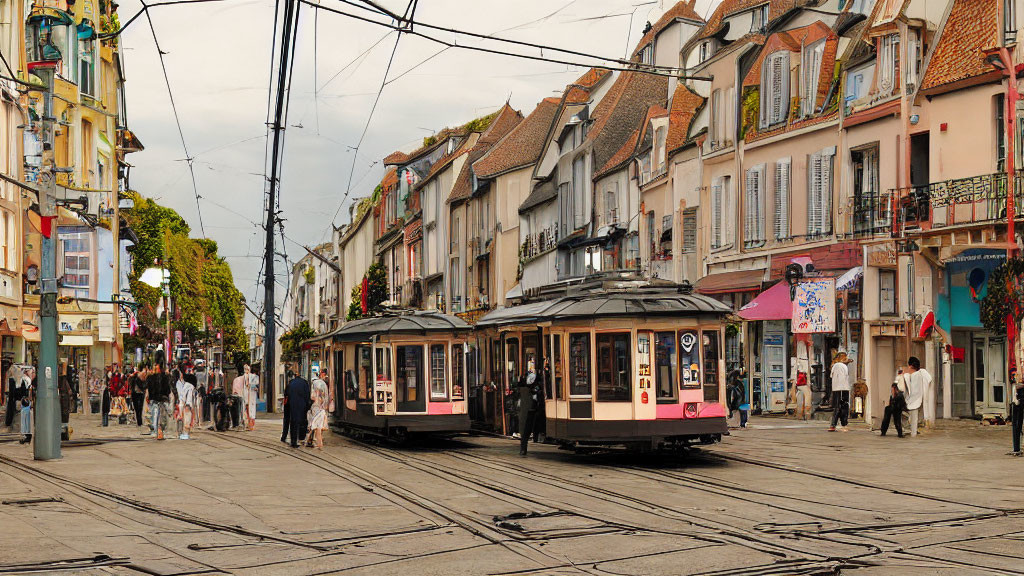 Intersection of two trams in vibrant city scene.