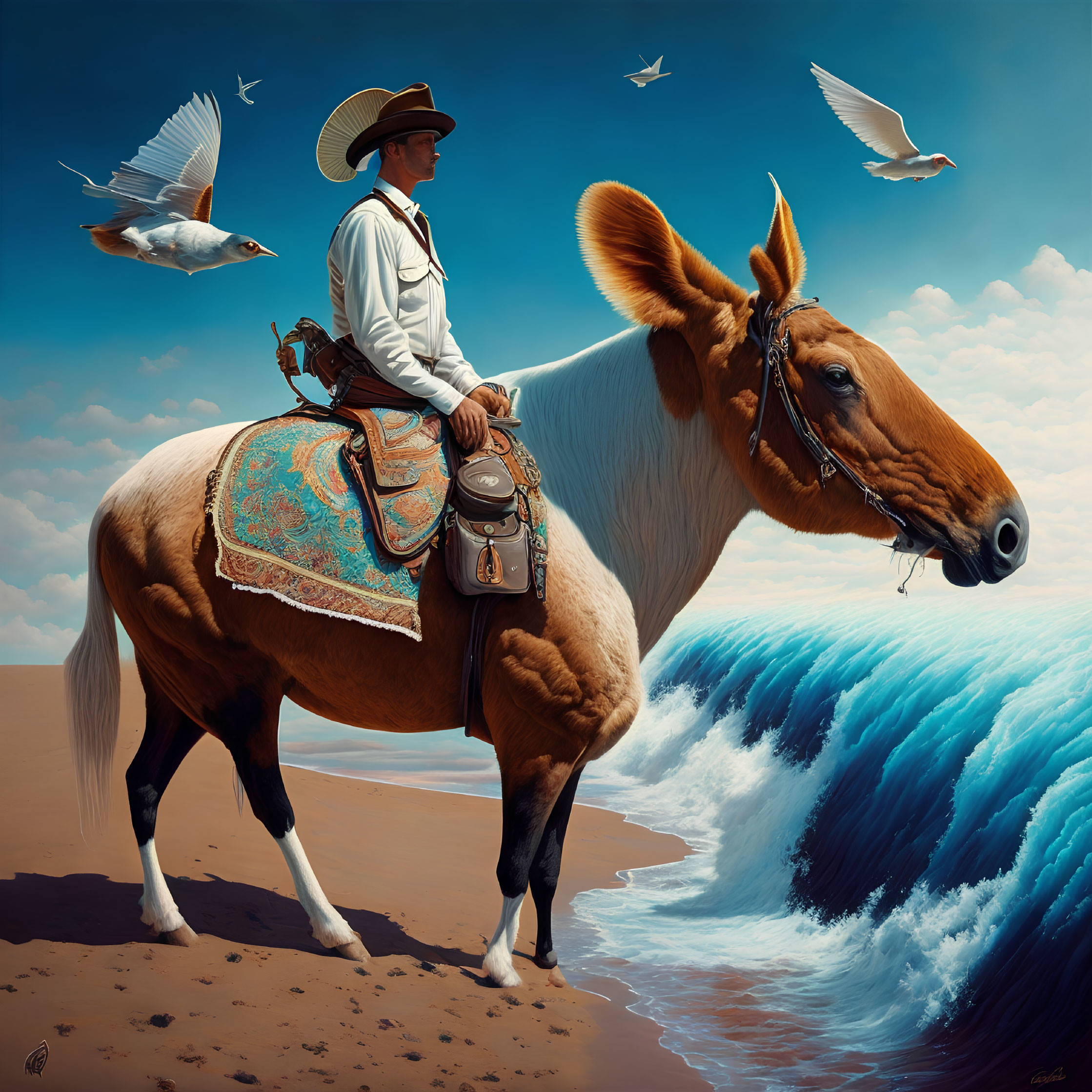 Cowboy hat woman on palomino horse at surreal beach with seagulls