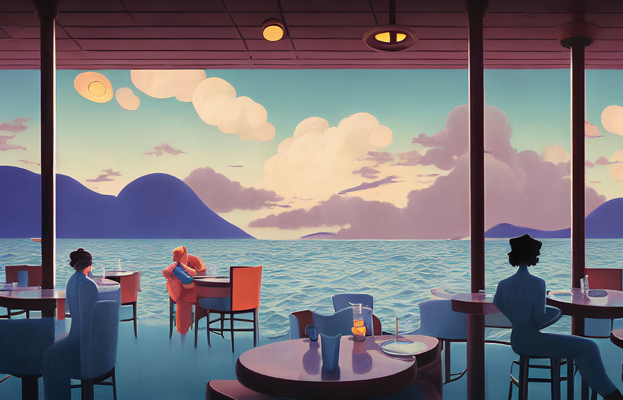 Seaside cafe patrons admire pastel sky and calm sea