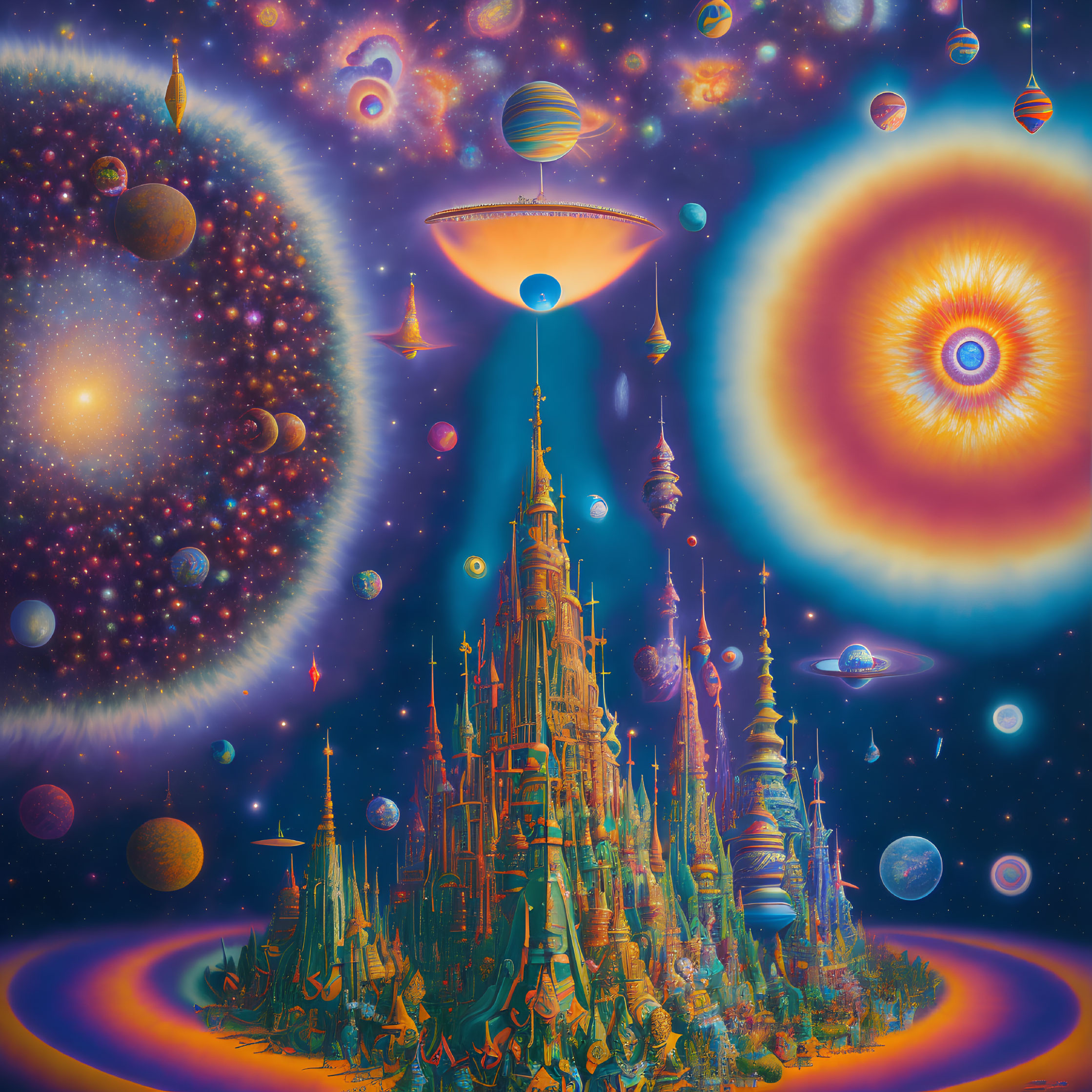 Colorful Psychedelic Sci-Fi Landscape with Celestial Bodies