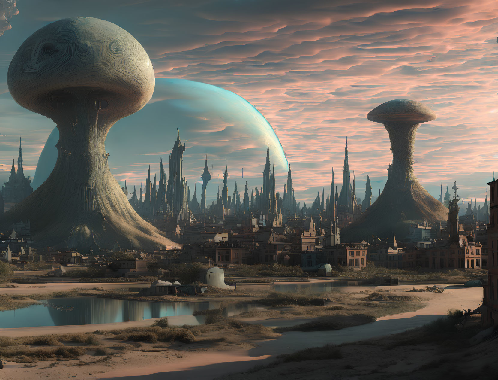 Futuristic cityscape with mushroom-like towers and pink sky.