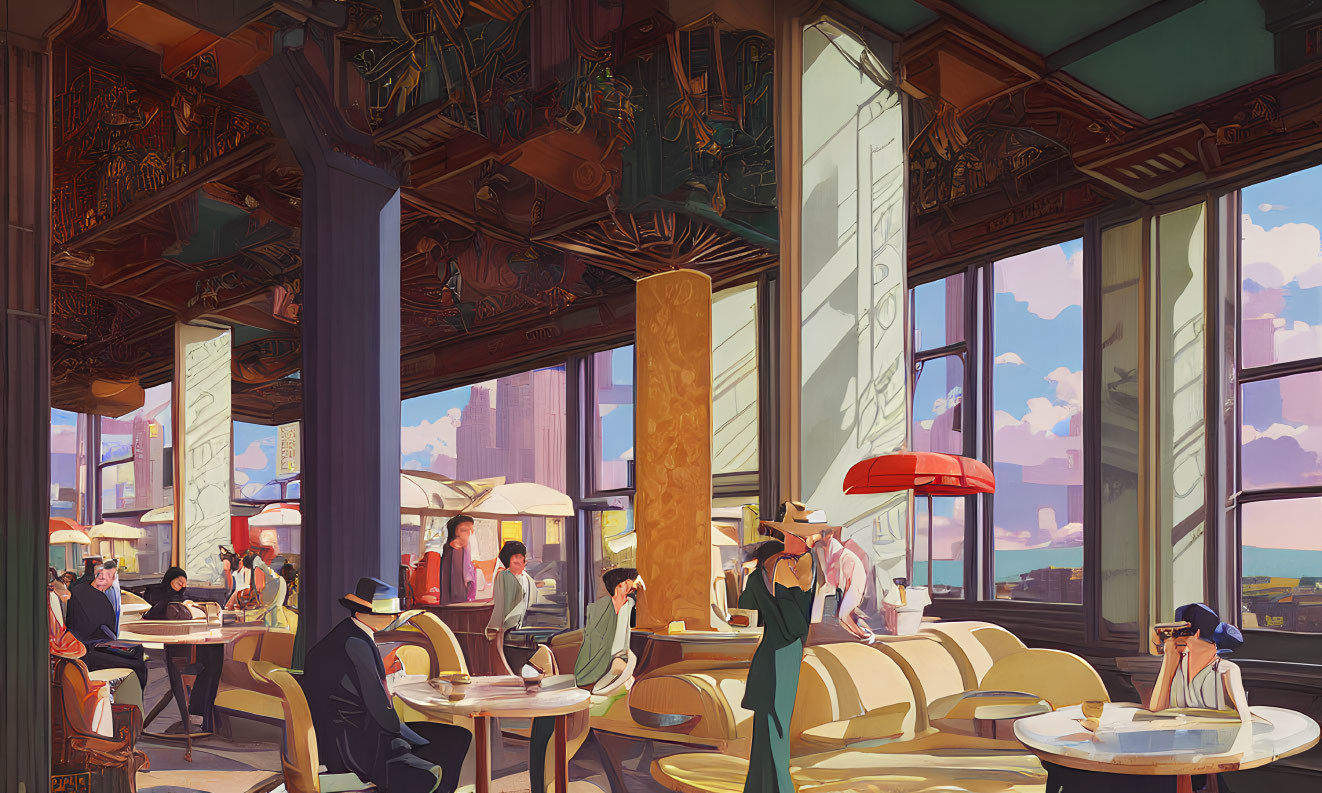 Vintage Café Interior with Cityscape Views and Intricate Ceiling Details
