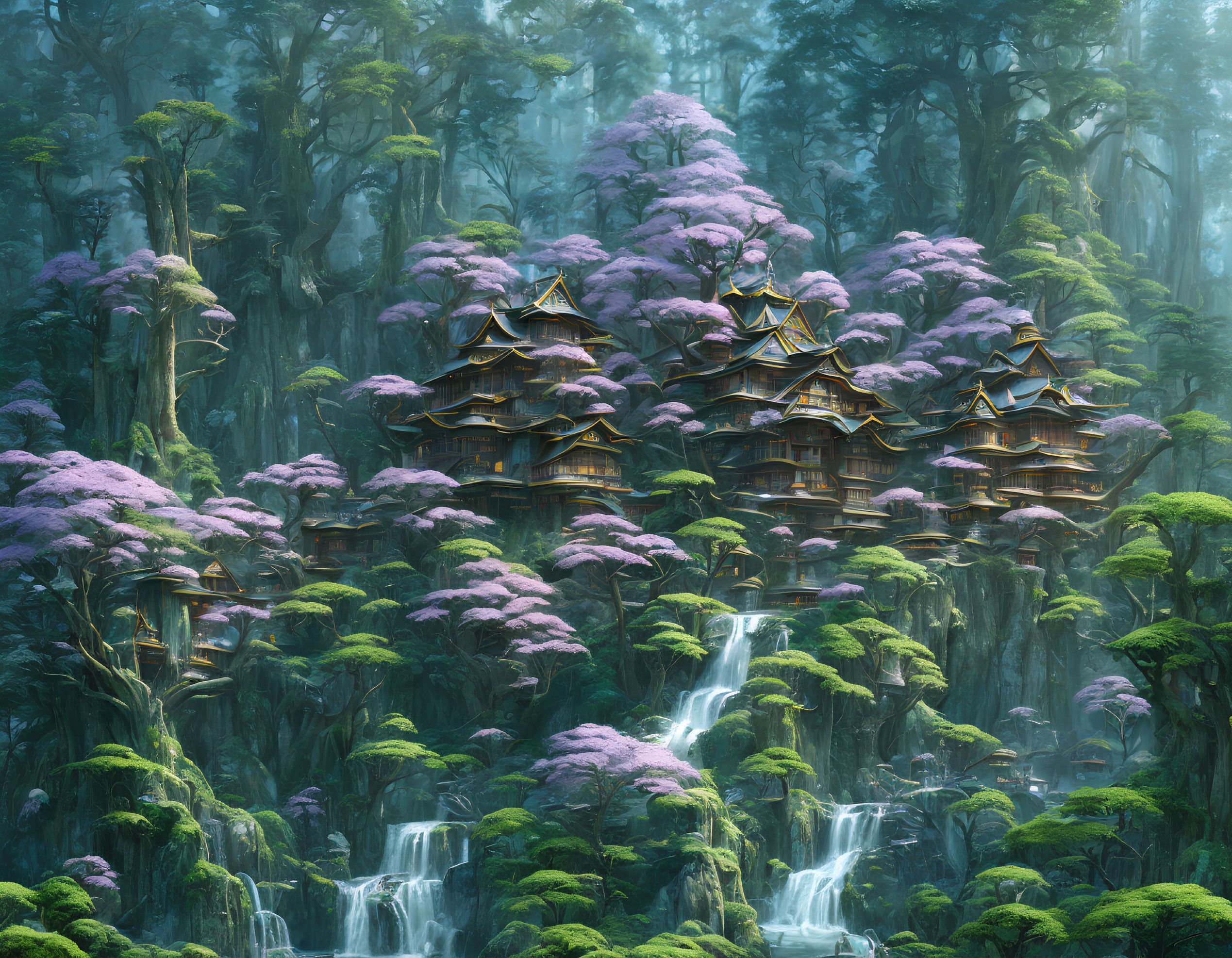 Traditional Asian architecture surrounded by purple foliage and waterfalls in a serene forest