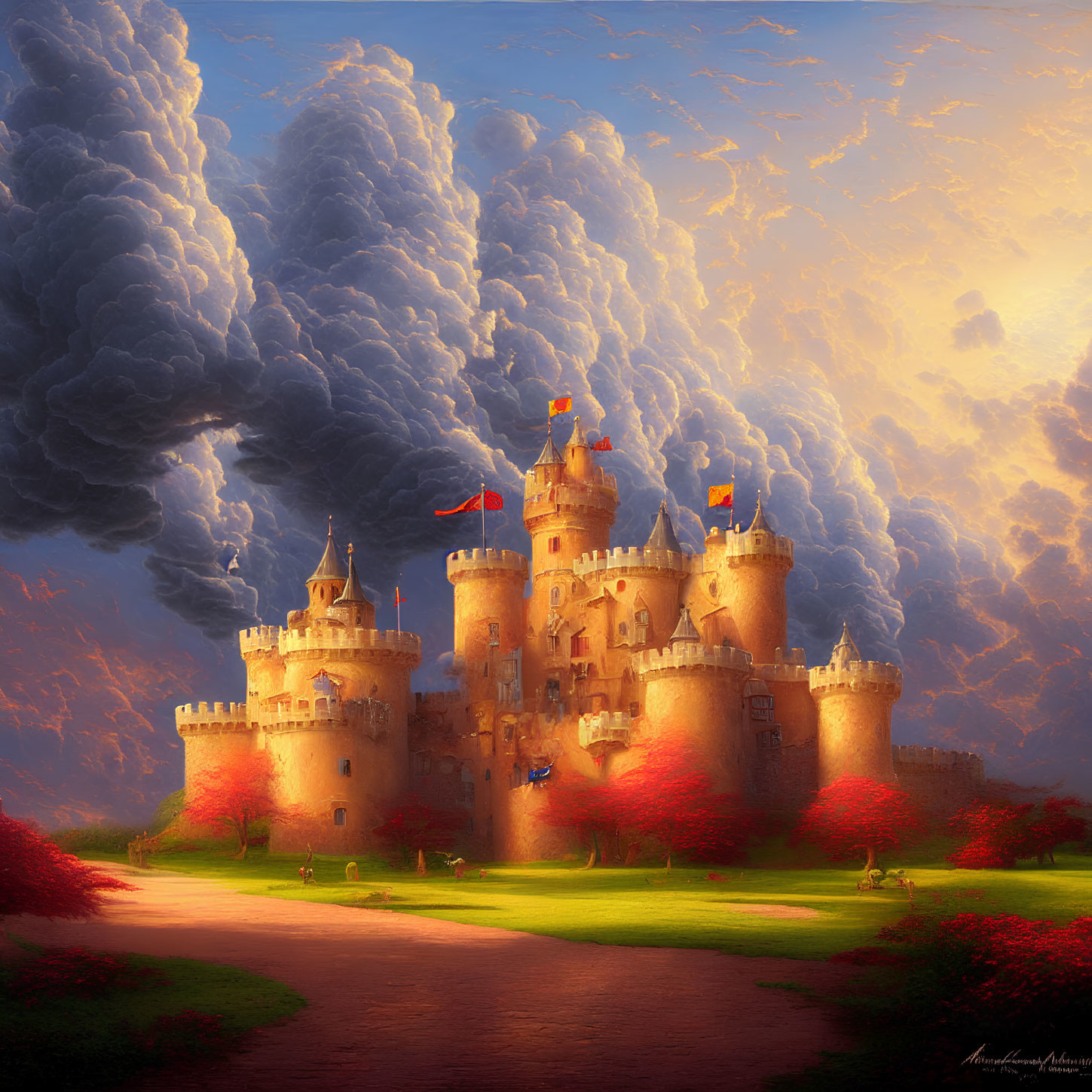 Majestic castle with turrets and red flags in scenic landscape