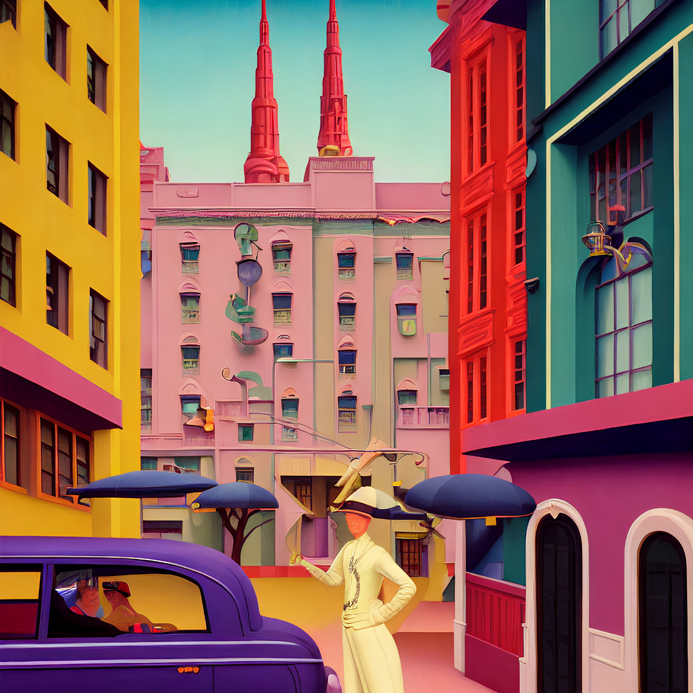 Colorful Street Scene with Person in White and Large Brim Hat