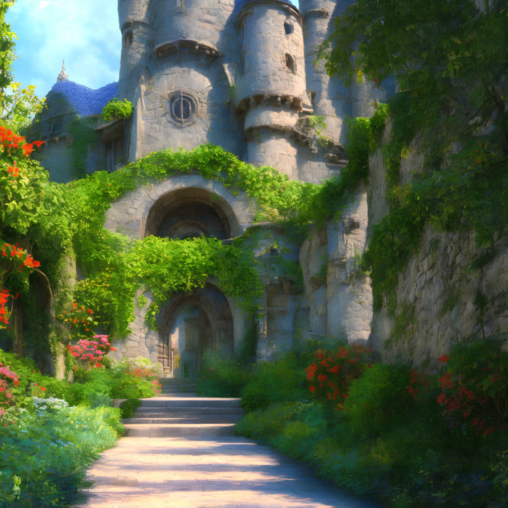 Sunlit pathway to old stone castle in lush greenery and red flowers