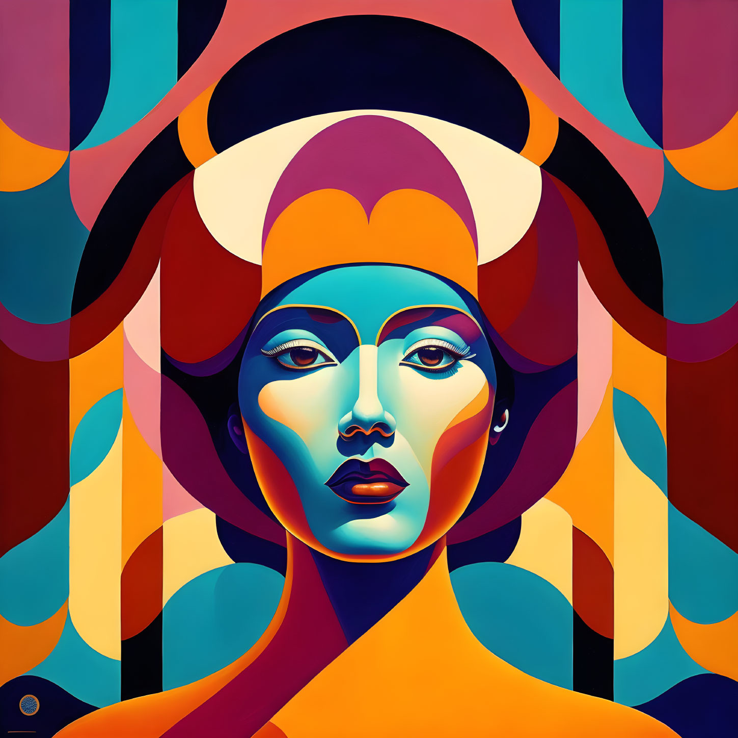 Vibrant digital portrait of a woman with abstract blue, orange, and red patterns