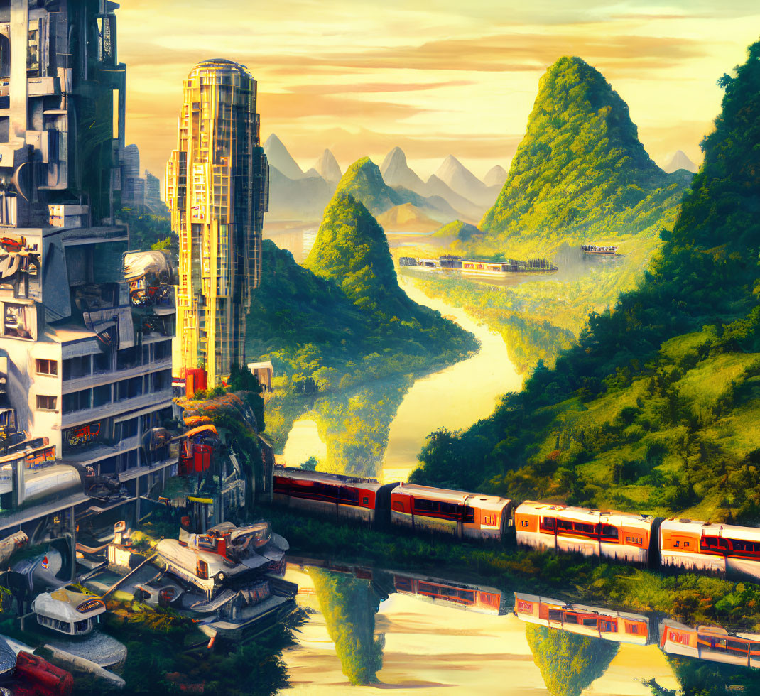 Futuristic train in lush landscape with towering buildings and traditional houses