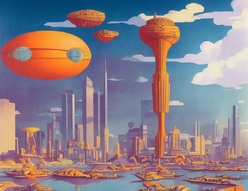 Futuristic cityscape with floating transportation pods and vibrant colors