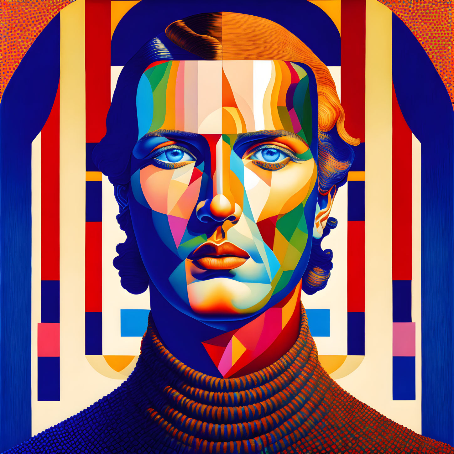 Colorful Geometric Portrait Featuring Blue-Eyed Person on Patterned Background