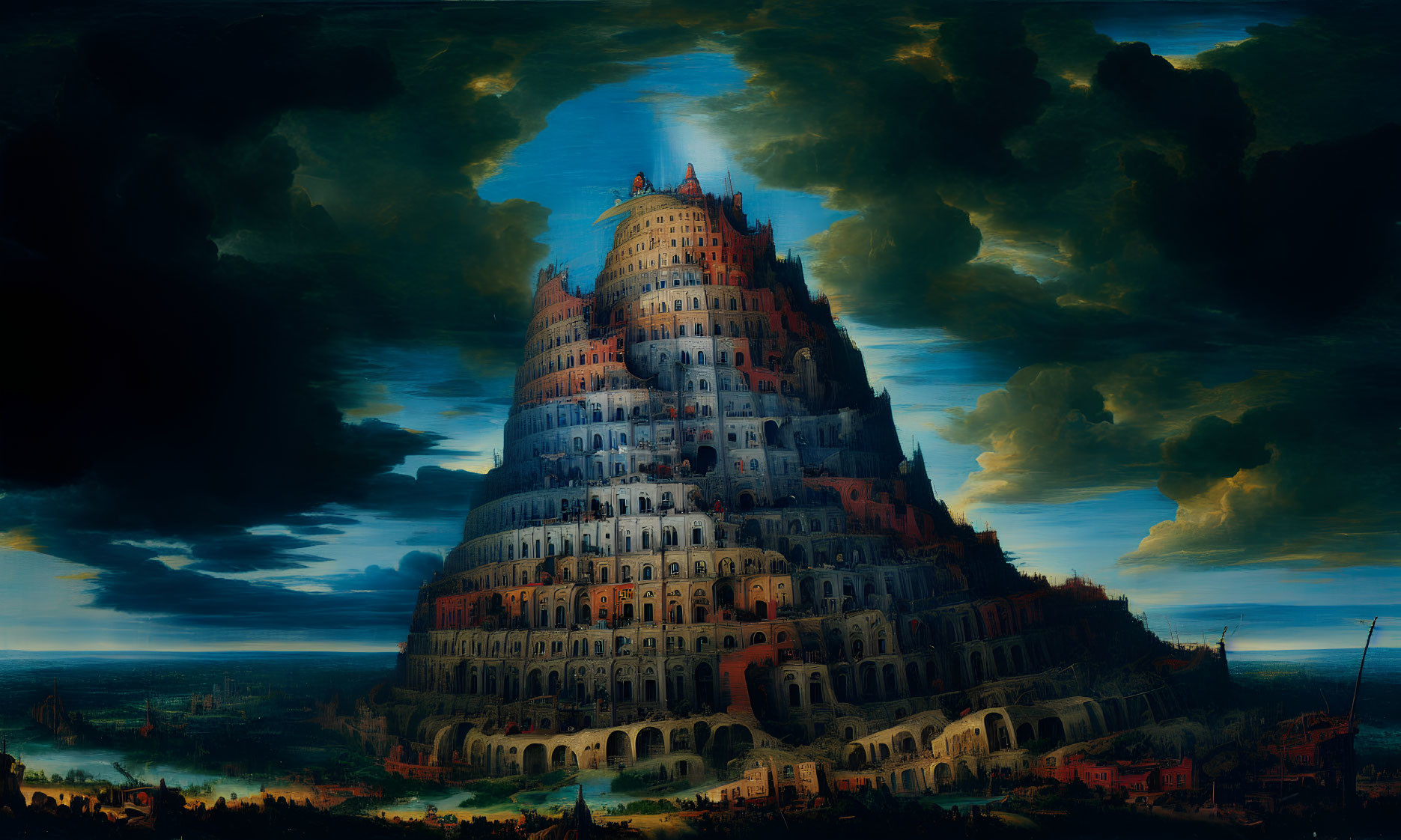Detailed Painting: Tower of Babel against Dramatic Sky