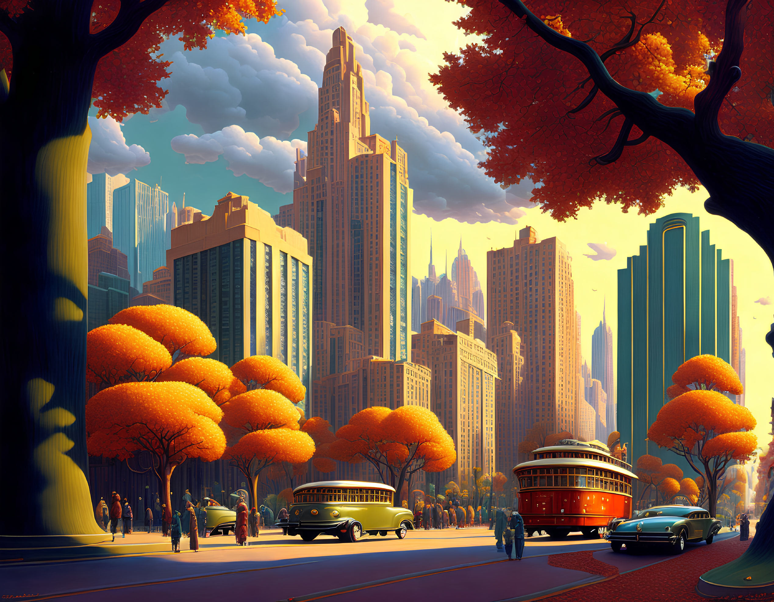 Autumn cityscape illustration with vintage cars, tram, people, orange trees, skyscrapers