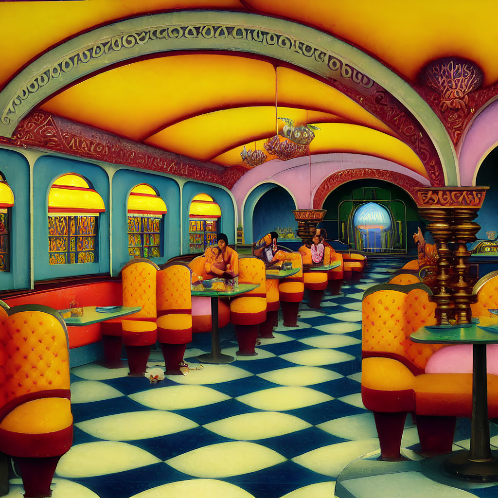 Colorful restaurant interior with arched ceilings, checkered floors, stained glass windows, and cozy booths