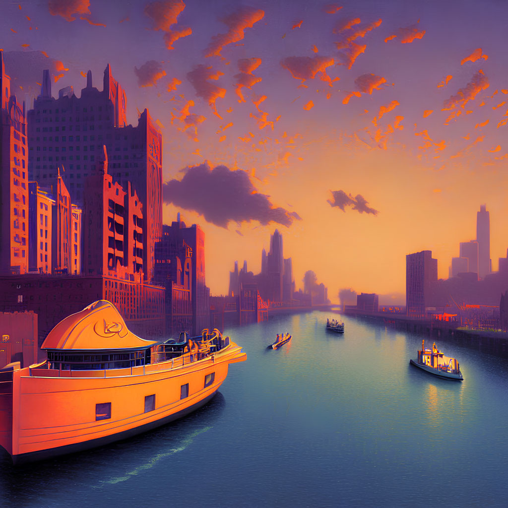 Cityscape illustration: serene dusk scene with glowing sky, skyscrapers, and river reflections