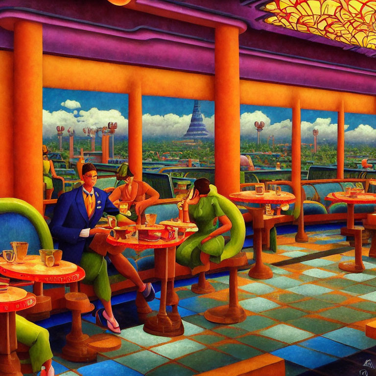 Colorful painting of people in ornate cafe with cityscape background & stained glass ceiling