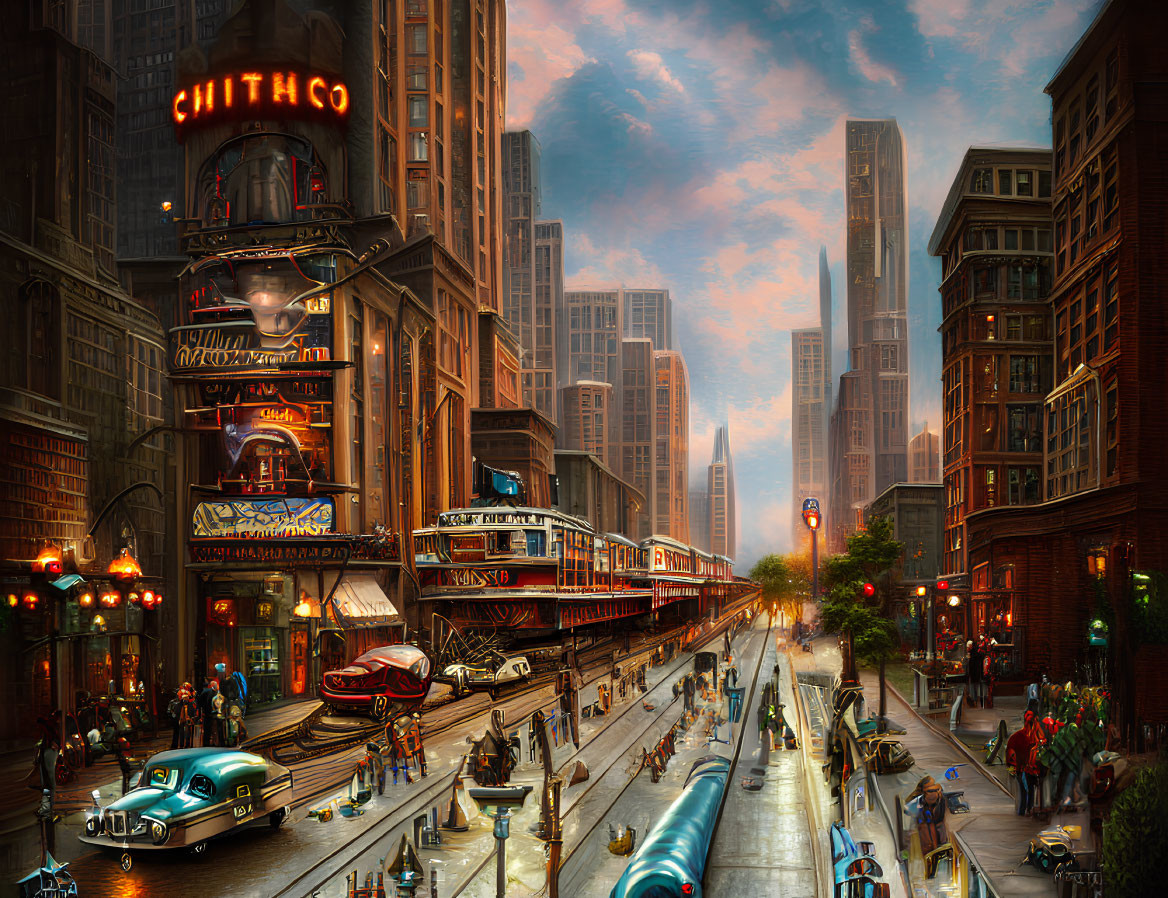 Colorful retro-futuristic cityscape with tram, classic cars, skyscrapers, and neon