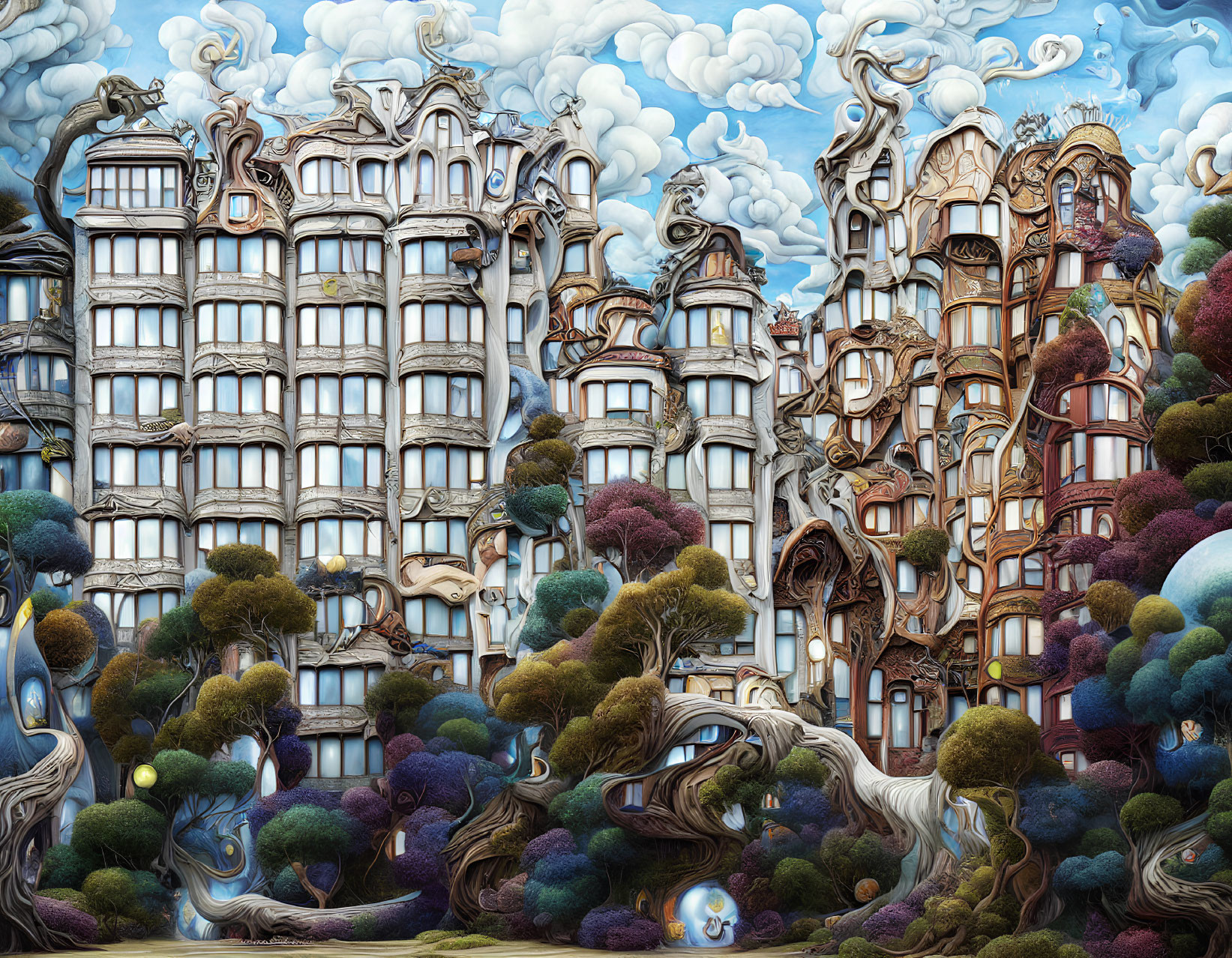 Intricate surreal illustration of organic buildings merging with trees under a whimsical blue sky