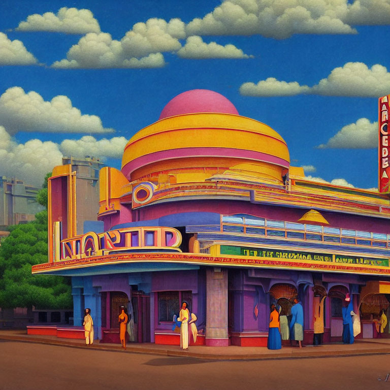 Art Deco Style Cinema Illustration with Neon Signs and Patrons in Period Attire
