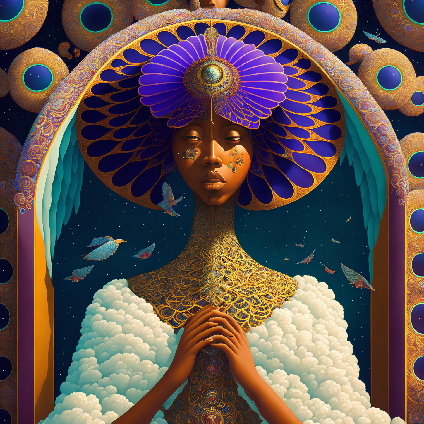 Regal figure with peacock feather headdress and celestial backdrop