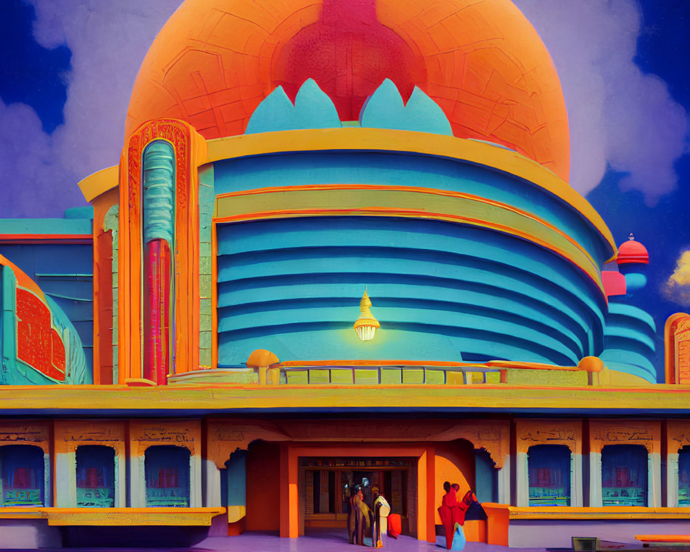 Colorful Art Deco Theater Scene with People under Surreal Sky